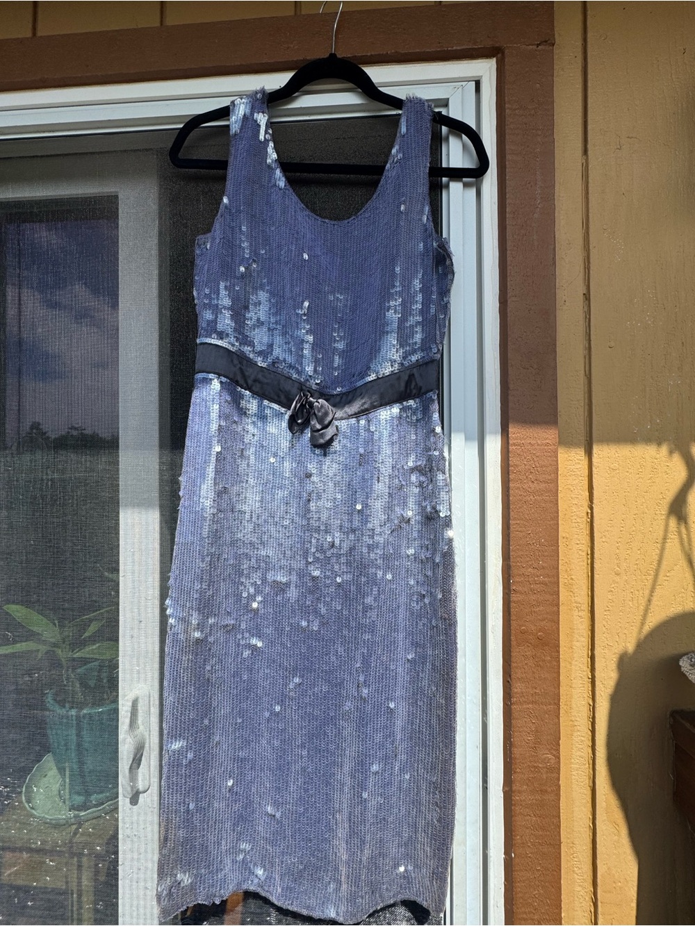 French Connection Silver-Blue Sequin Sleeveless Dress with Satin Waist Bow